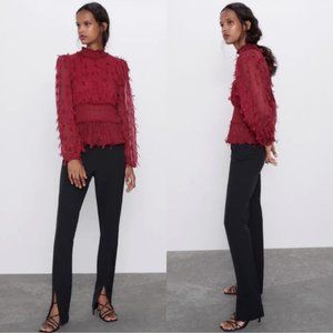 Zara Fringe Smock Sheer Long Sleeve High Neck EUC